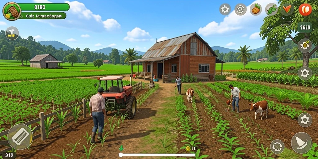 Tampilan gameplay 8180 dengan pertanian yang subur dan hewan lucu.