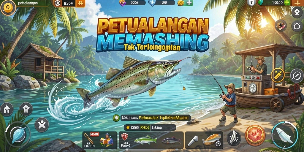 Screenshot game 8364 menampilkan pemain sedang memancing di danau tenang.