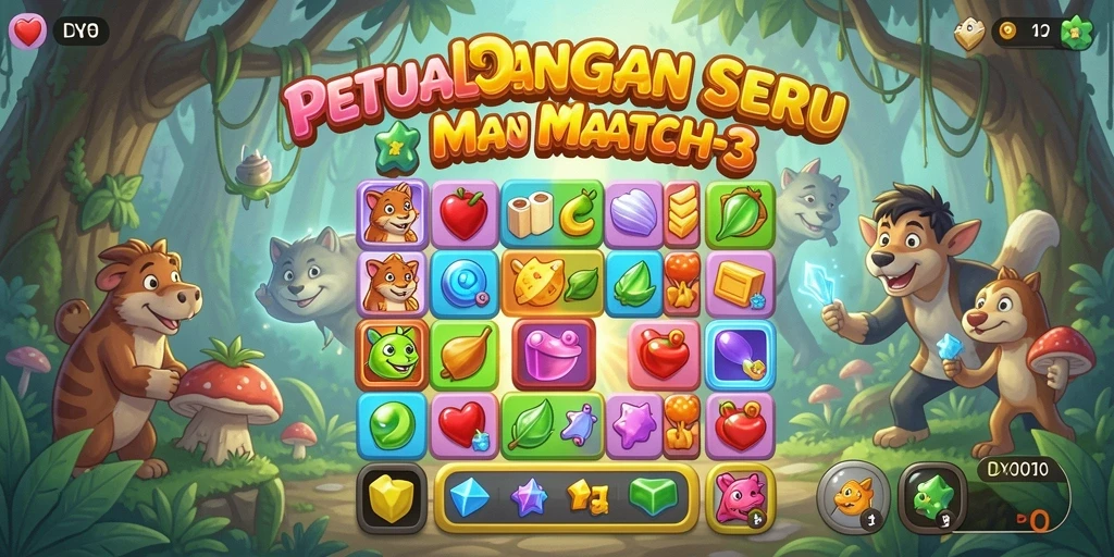 Tampilan gameplay seru di DY01 dengan permata berwarna-warni.