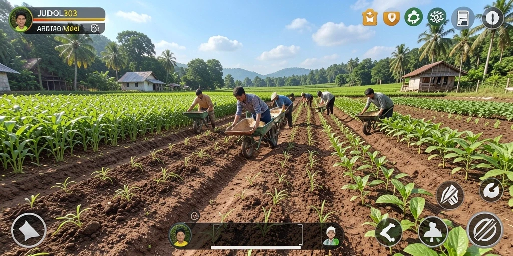 Screenshot JUDOL303 menampilkan kebun yang indah dengan tampilan tanaman dan hewan.