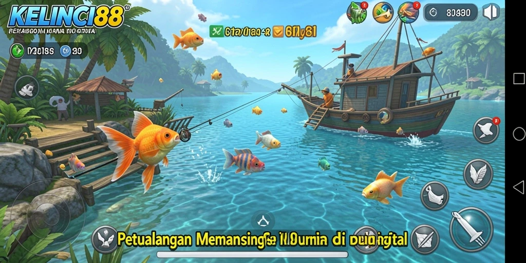 Tampilan gameplay KELINCI88 yang menggembirakan dengan ikan yang beragam.