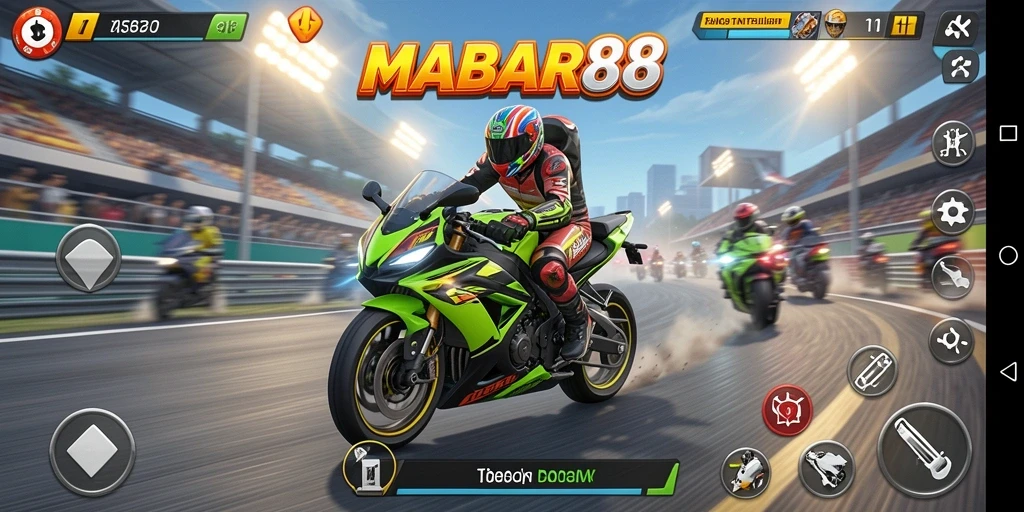 Screenshot utama MABAR88 menunjukkan aksi balap motor yang mendebarkan.