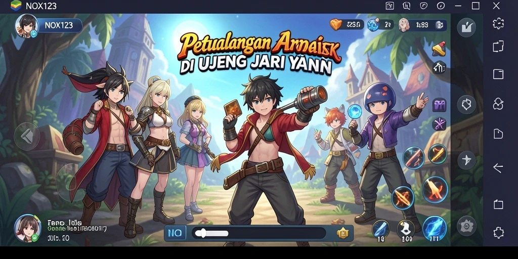 Tampilan gameplay NOX123 yang penuh warna dan seru.