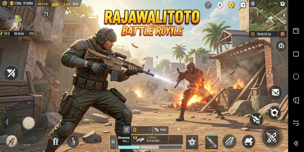 Screenshot RAJAWALITOTO menampilkan pertempuran seru di arena Battle Royale.