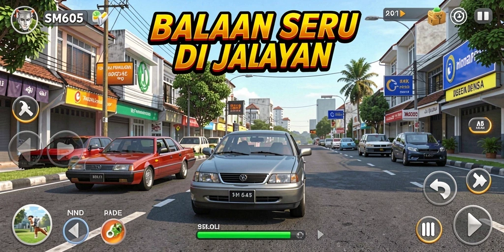Gameplay SM605 menampilkan balapan mendebarkan dengan mobil yang melaju kencang.