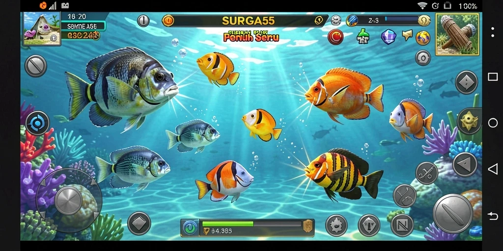 Screenshot utama menunjukkan aksi seru dalam Tembak Ikan.