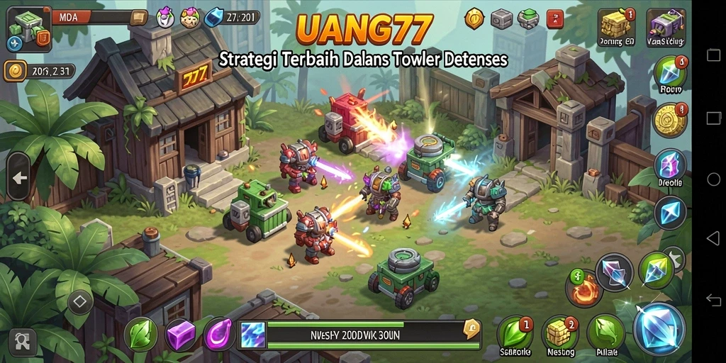 Screenshot gameplay UANG77 menampilkan menara yang siap mempertahankan dari gelombang musuh.