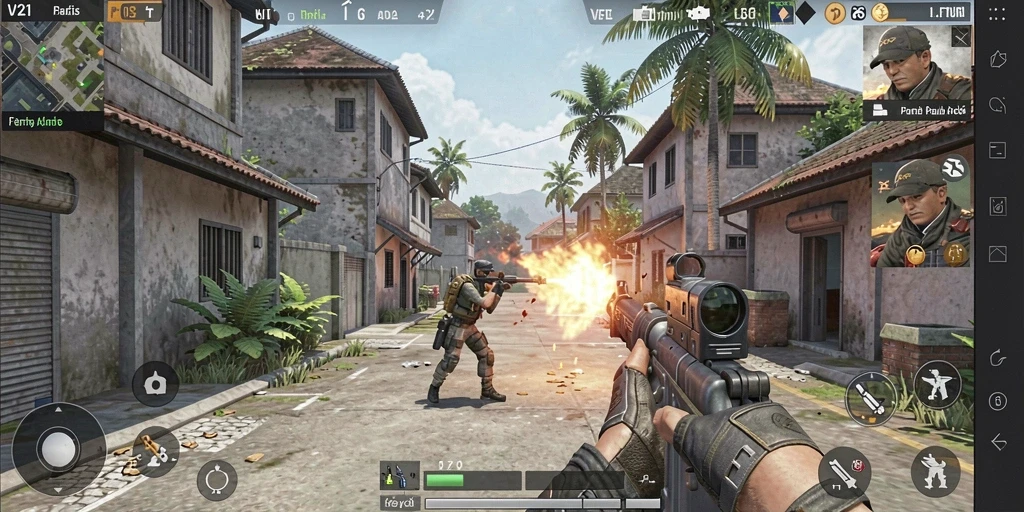 Screenshot gameplay V21 menunjukkan pertempuran dinamis dan mendebarkan dari perspektif FPS.
